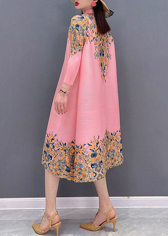 Boutique Pink Stand Collar Embroidered Print Satin Dresses Long Sleeve