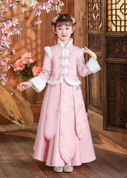 Boutique Pink Stand Collar Print Button Girls Thick Coats And Skirts Two Pieces Set Winter