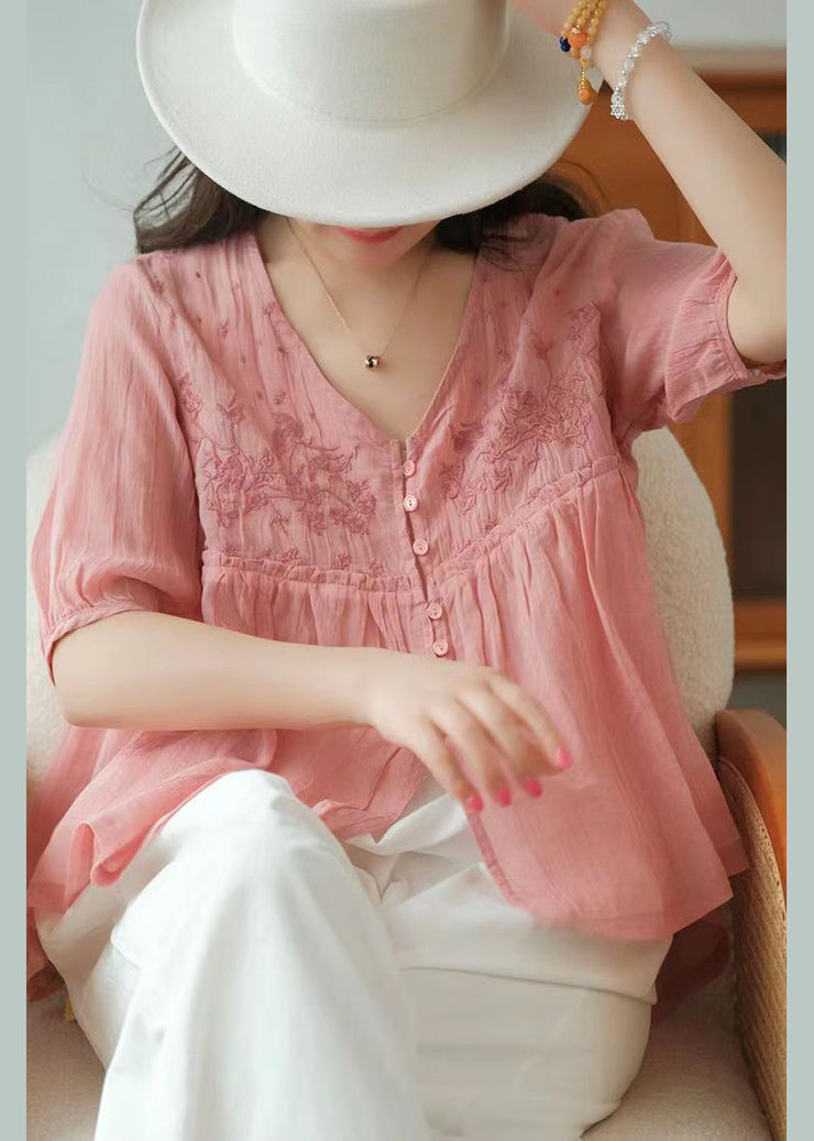 Boutique Pink V Neck Embroideried Linen Shirts Half Sleeve
