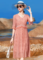 Boutique Rosa V-Ausschnitt, bestickte Rüschen, langes Seidenkleid mit halben Ärmeln