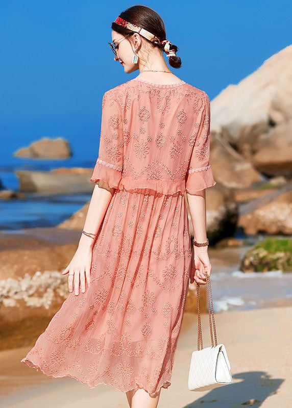 Boutique Pink V Neck Embroidered Ruffles Silk Long Dress Half Sleeve