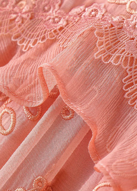 Boutique Pink V Neck Embroidered Ruffles Silk Long Dress Half Sleeve