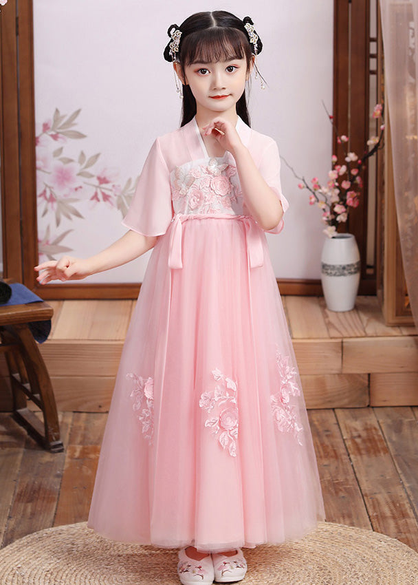 Boutique Pink V Neck Layered Patchwork Tulle Girls Maxi Dress Short Sleeve