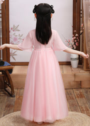 Boutique Pink V Neck Layered Patchwork Tulle Girls Maxi Dress Short Sleeve