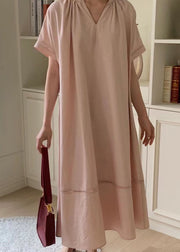 Boutique Pink V Neck Patchwork Hollow Out Cotton Loose Dress Summer