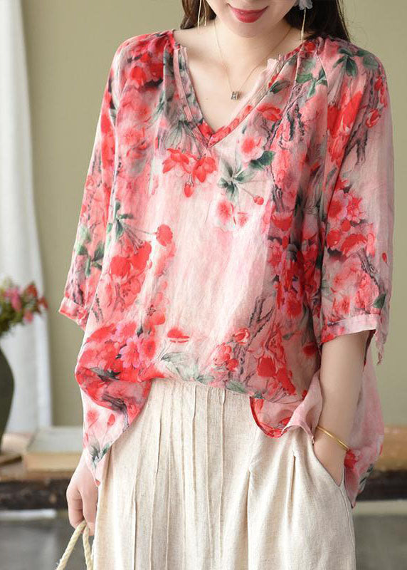 Boutique Pink V Neck Print Loose Fall Half Sleeve Blouses