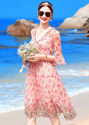 Boutique Pink V Neck Ruffled Print Silk Beach Dresses Half Sleeve