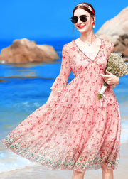 Boutique Rosa V-Ausschnitt Rüschendruck Seide Strandkleider Halbe Ärmel