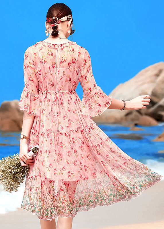 Boutique Pink V Neck Ruffled Print Silk Beach Dresses Half Sleeve
