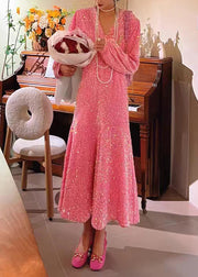 Boutique Pink V Neck Sequins Patchwork Velour Dresses Puff Sleeve