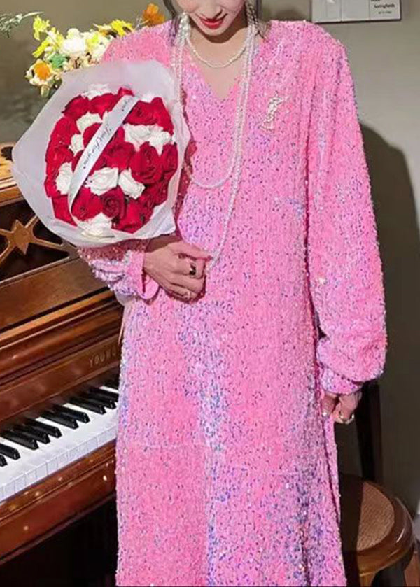 Boutique Pink V Neck Sequins Patchwork Velour Dresses Puff Sleeve