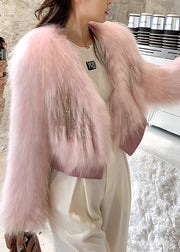 Boutique Pink V Neck Tassel Sheepskin Patchwork Leather And Fur Coats Winter