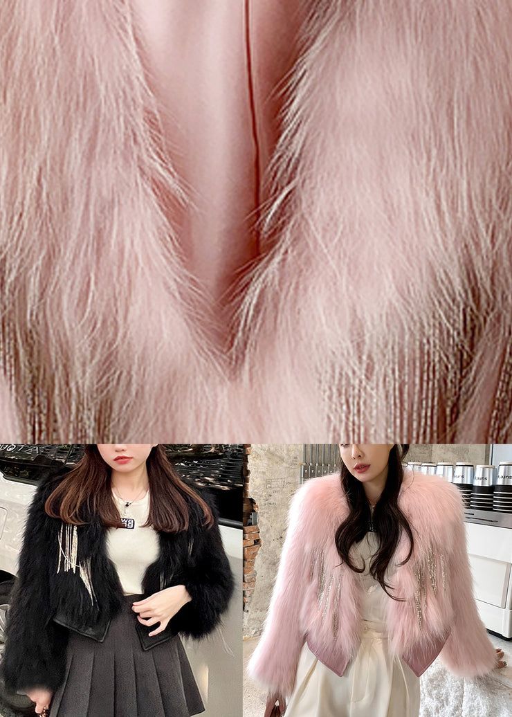 Boutique Pink V Neck Tassel Sheepskin Patchwork Leather And Fur Coats Winter
