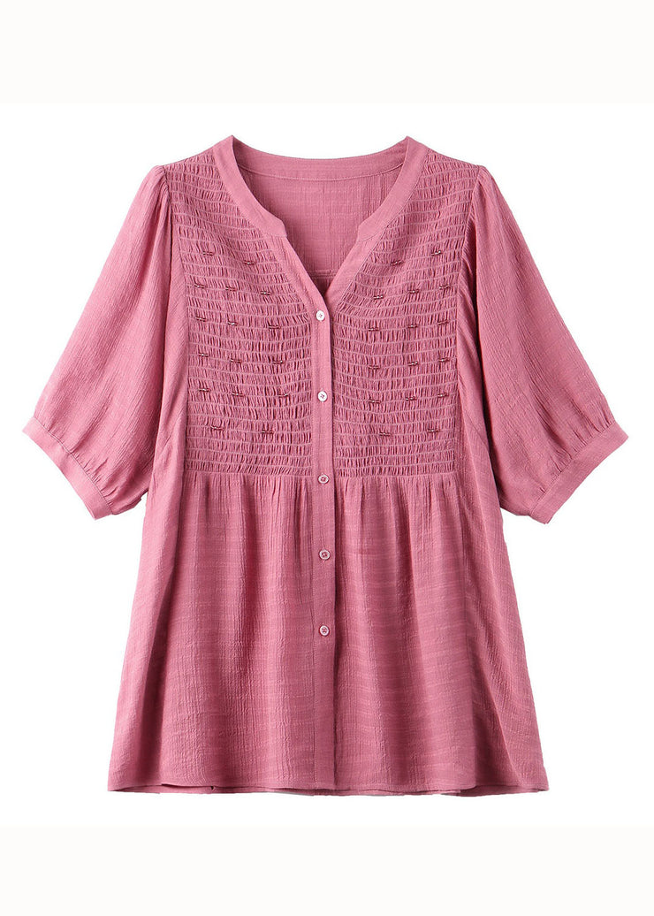 Boutique Pink V Neck Wrinkled Nail Bead Patchwork Cotton Shirt Top Summer