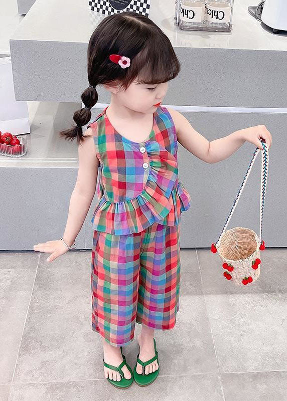 Boutique Plaid Ruffled Tops And Pants Cotton Kids Girls Two Pieces Set Sleeveless