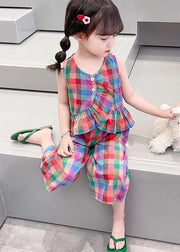 Boutique Plaid Ruffled Tops And Pants Cotton Kids Girls Two Pieces Set Sleeveless