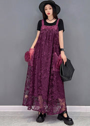 Boutique Purple Big Pockets Patchwork Floral Lace Strap Long Dress Summer