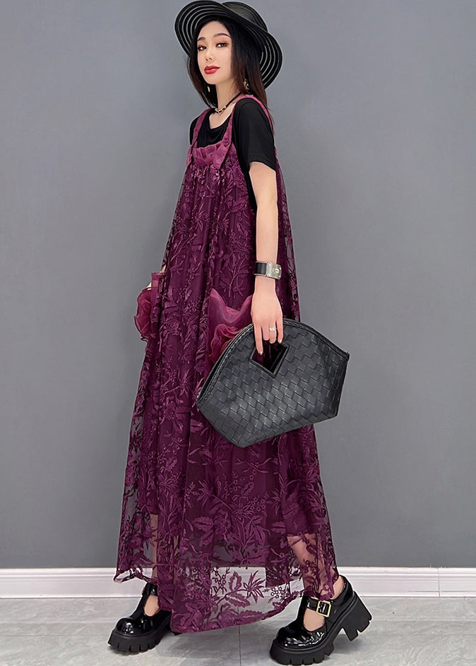 Boutique Purple Big Pockets Patchwork Floral Lace Strap Long Dress Summer