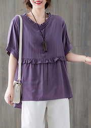 Boutique Purple Button Ruffled Patchwork Tank Top Short Sleeve