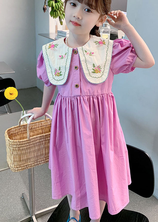 Boutique Purple Embroidered Patchwork Cotton Kids Girls Dress Summer