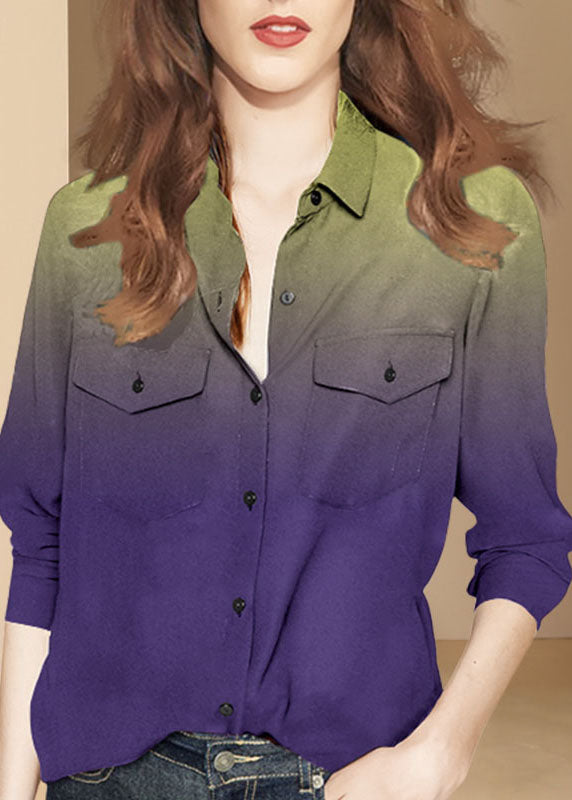 Boutique Purple Gradient color button Peter Pan Collar shirt Top Long Sleeve