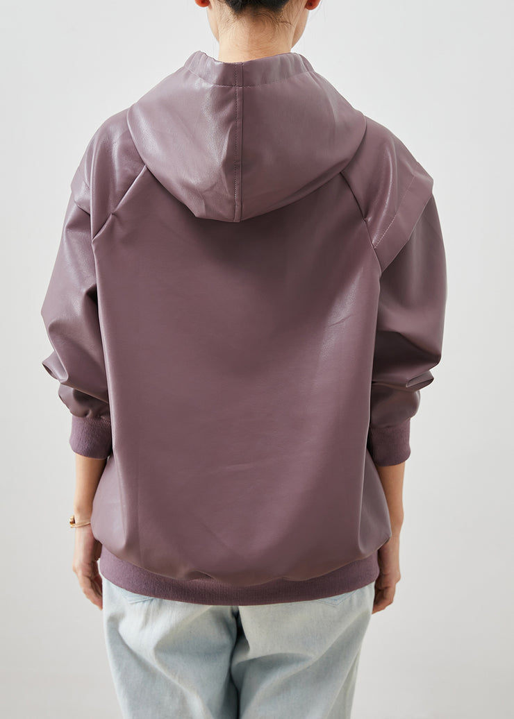 Boutique Purple Hooded Faux Leather Sweatshirts Top Fall
