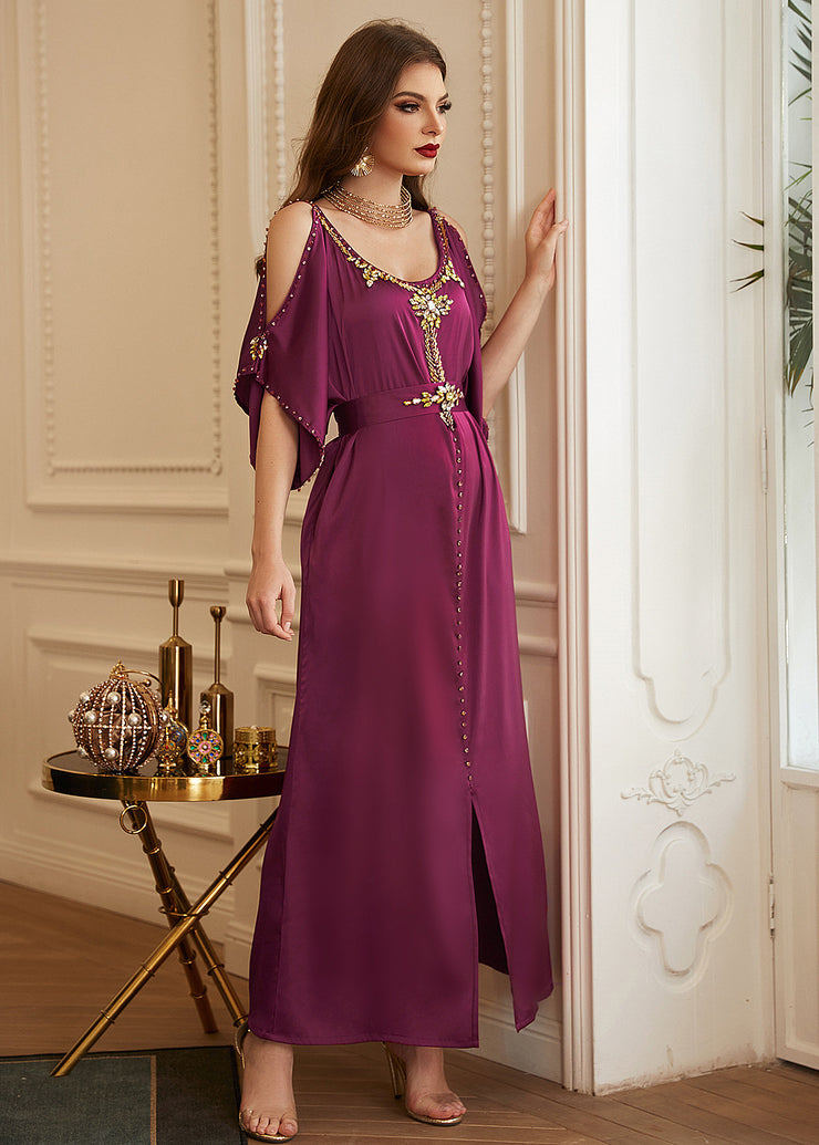 Boutique Purple O-Neck Patchwork Cold Shoulder Slim Silk Holiday Long Dress Summer