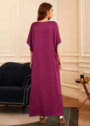 Boutique Purple O-Neck Patchwork Cold Shoulder Slim Silk Holiday Long Dress Summer
