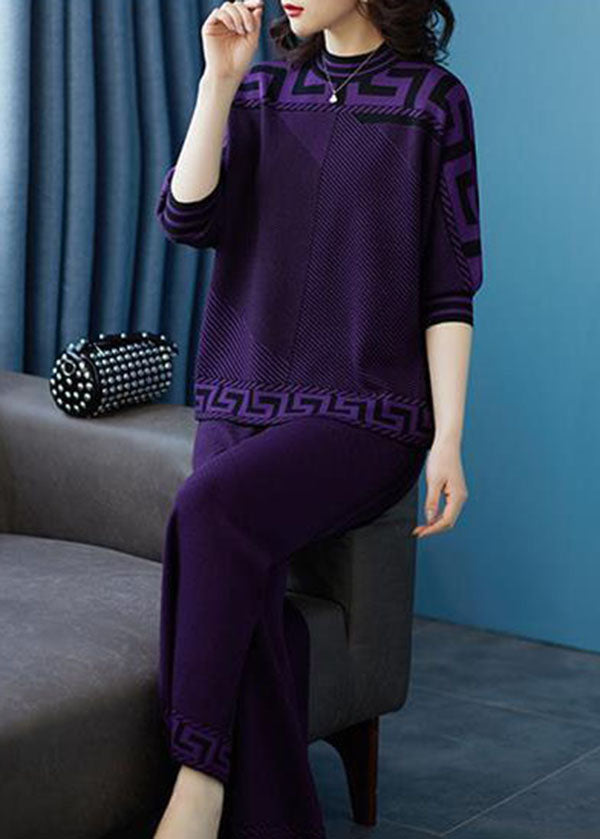 Boutique Lila O-Neck Print Drapierendes Seiden-Sweatshirt Zweiteiliges Anzug-Set Herbst
