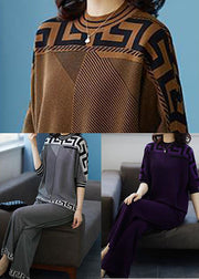 Boutique Lila O-Neck Print Drapierendes Seiden-Sweatshirt Zweiteiliges Anzug-Set Herbst