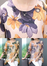 Boutique Purple O Neck Print Patchwork Chiffon T Shirt Top Summer