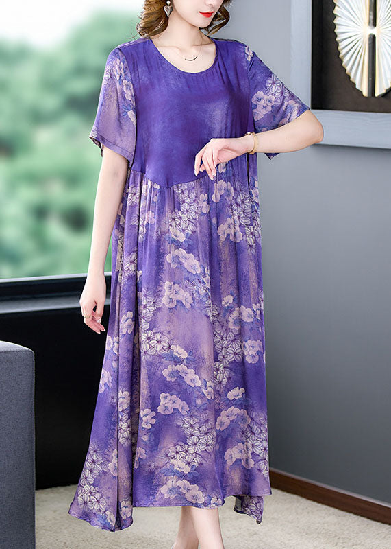 Boutique Purple O Neck Print Wrinkled Patchwork Silk Dress Summer