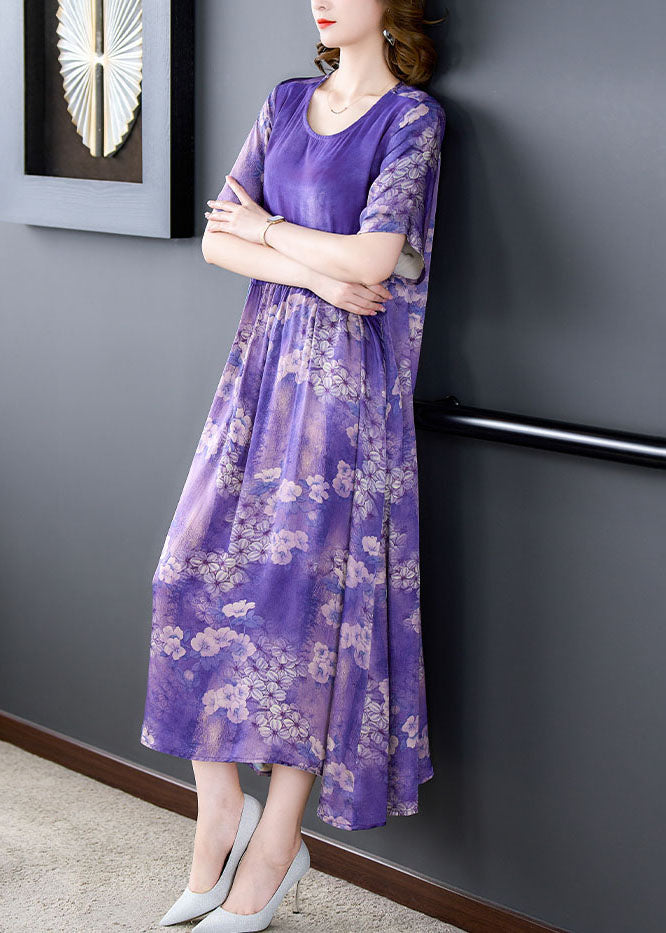 Boutique Purple O Neck Print Wrinkled Patchwork Silk Dress Summer