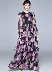 Boutique Purple Print O-Neck Layered Design Chiffon Long Dresses Fall