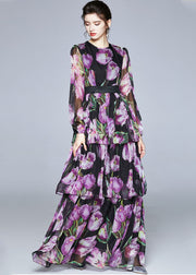 Boutique Purple Print O-Neck Layered Design Chiffon Long Dresses Fall