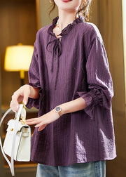 Boutique Purple Ruffled Zircon Lace Up Patchwork Chiffon Shirt Fall