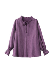 Boutique Purple Ruffled Zircon Lace Up Patchwork Chiffon Shirt Fall