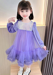 Boutique Purple Sequins Ruffled Patchwork Tulle Kids Girls Robe Dresses Fall