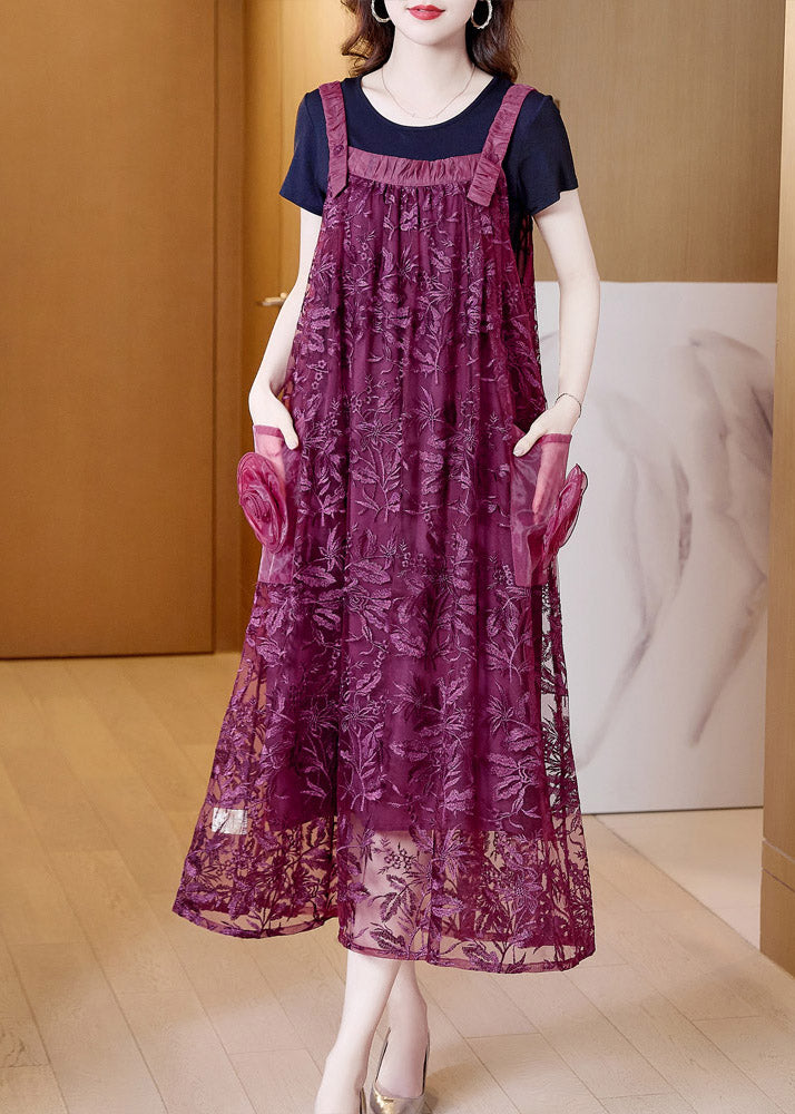 Boutique Purple Slash Neck Embroidered Tulle Slip Long Dress Summer