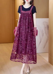 Boutique Purple Slash Neck Embroidered Tulle Slip Long Dress Summer