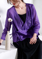 Boutique Purple Tie Waist Asymmetrical Design Summer Ramie Top - SooLinen
