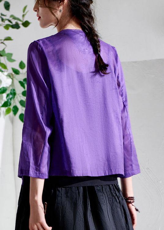Boutique Purple Tie Waist Asymmetrical Design Summer Ramie Top - SooLinen
