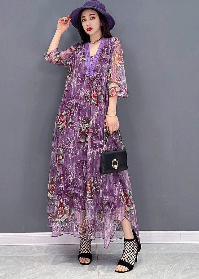 Boutique Purple V Neck Embroidered Hollow Out Tulle Maxi Dresses Half Sleeve