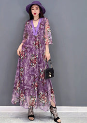 Boutique Purple V Neck Embroidered Hollow Out Tulle Maxi Dresses Half Sleeve