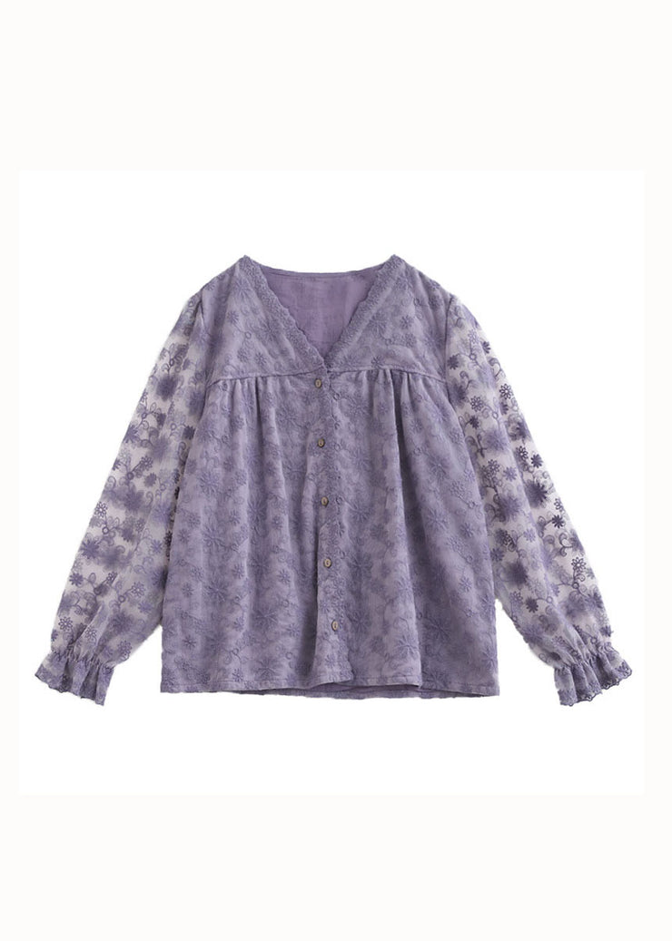 Boutique Purple V Neck Embroidered Patchwork Lace Top Long Sleeve