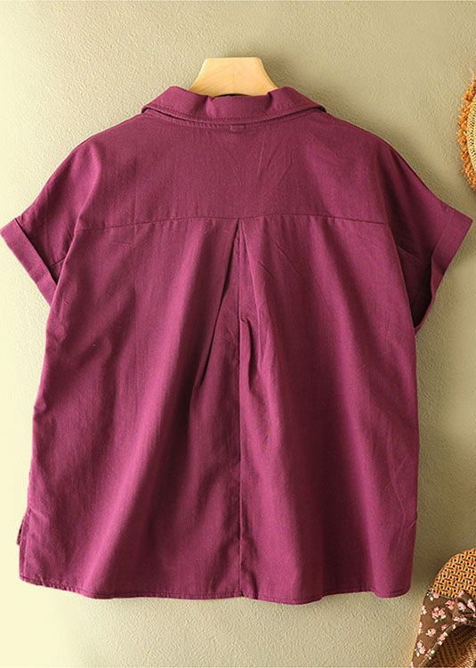 Boutique Purple V Neck Feathers Embroidered Cotton Blouses Short Sleeve