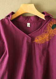 Boutique Purple V Neck Feathers Embroidered Cotton Blouses Short Sleeve