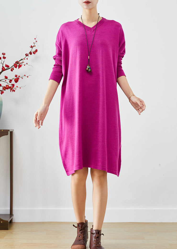 Boutique Purple V Neck Oversized Knit Dress Batwing Sleeve