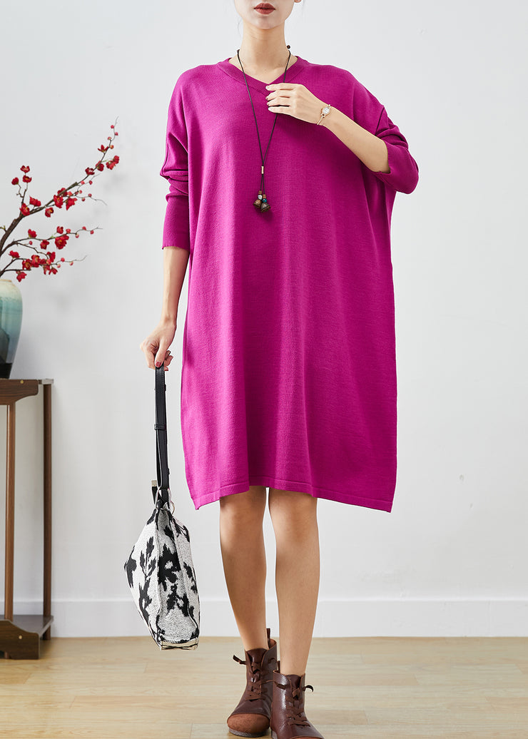 Boutique Purple V Neck Oversized Knit Dress Batwing Sleeve