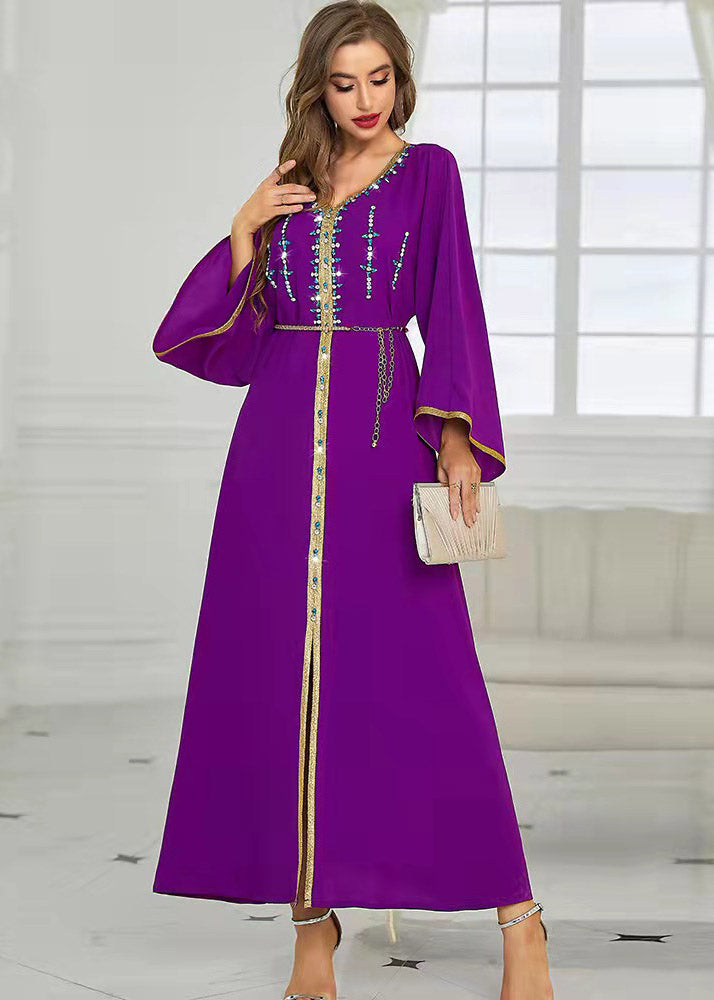 Boutique Purple V Neck Patchwork Zircon Tie Waist Button Maxi Dresses Fall